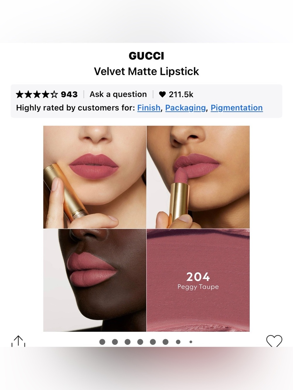 Gucci Velvet Matte Lipstick 204 Peggy Taupe — Dusty Rose Mauve.